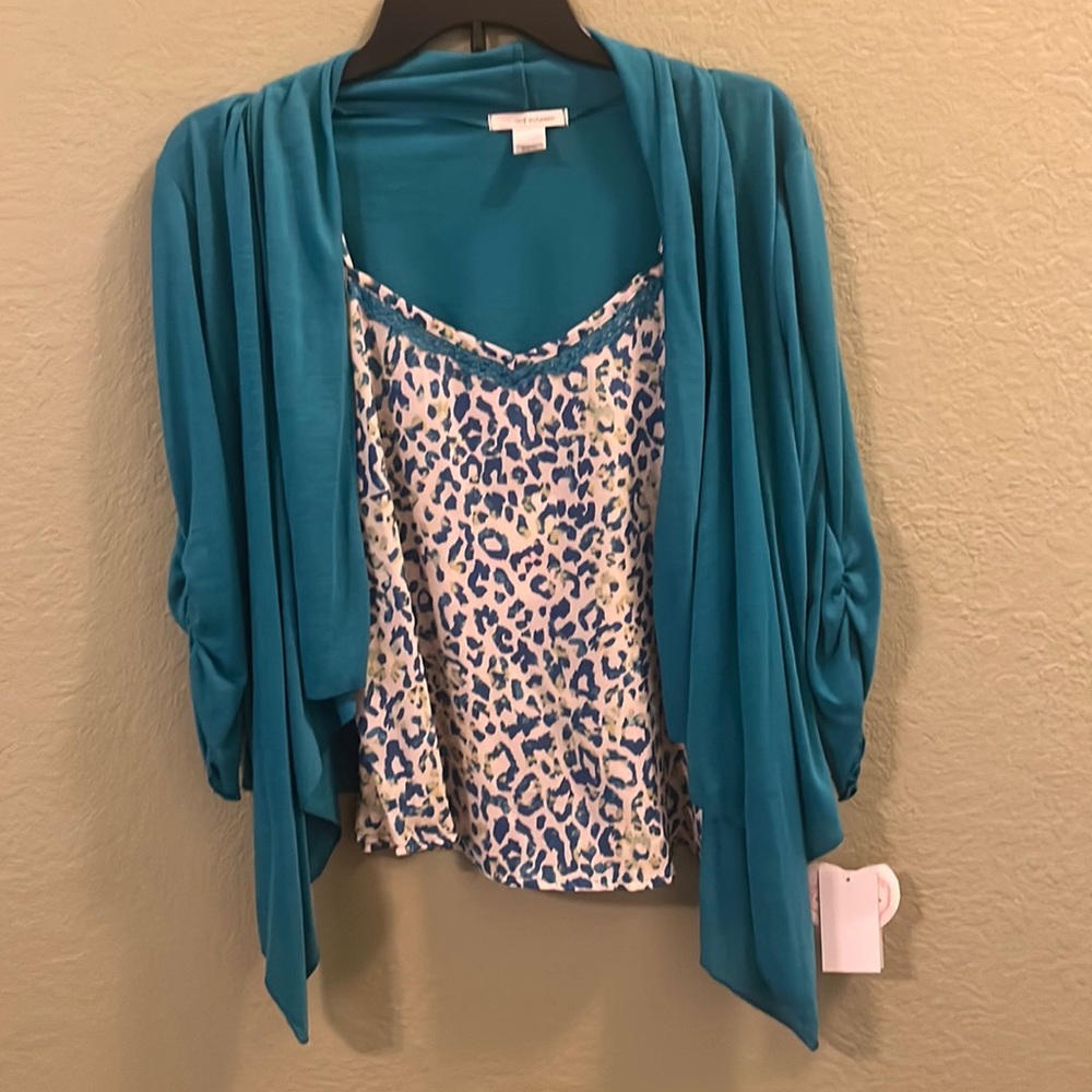 Blue leopard print tank with turquoise cardigan